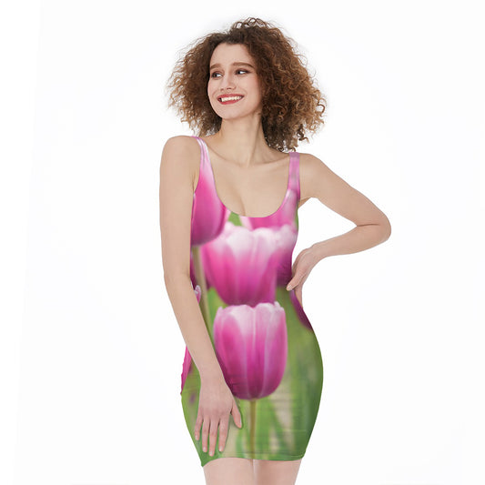 Pink Tulip Print Sleeveless Bodycon Dress