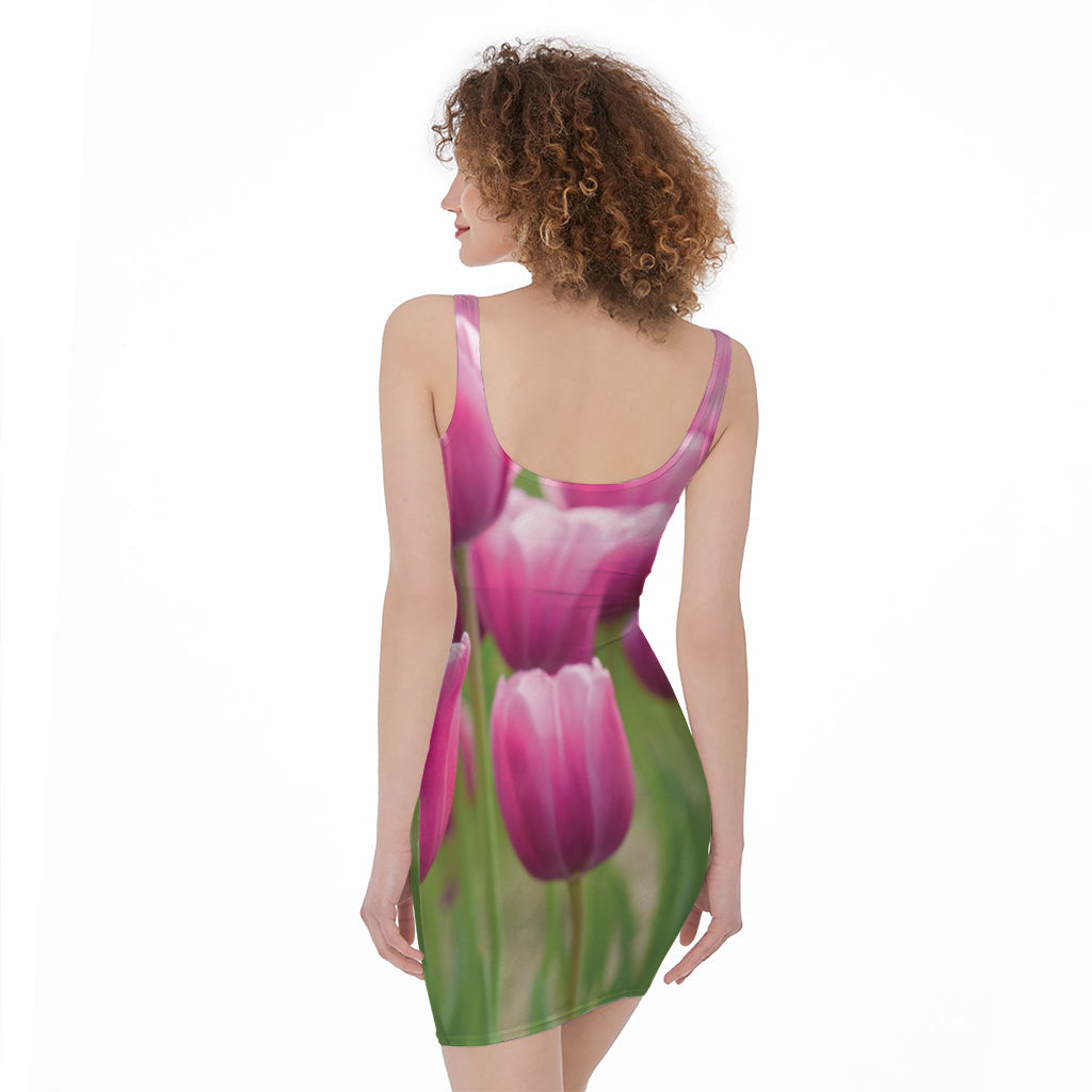 Pink Tulip Print Sleeveless Bodycon Dress