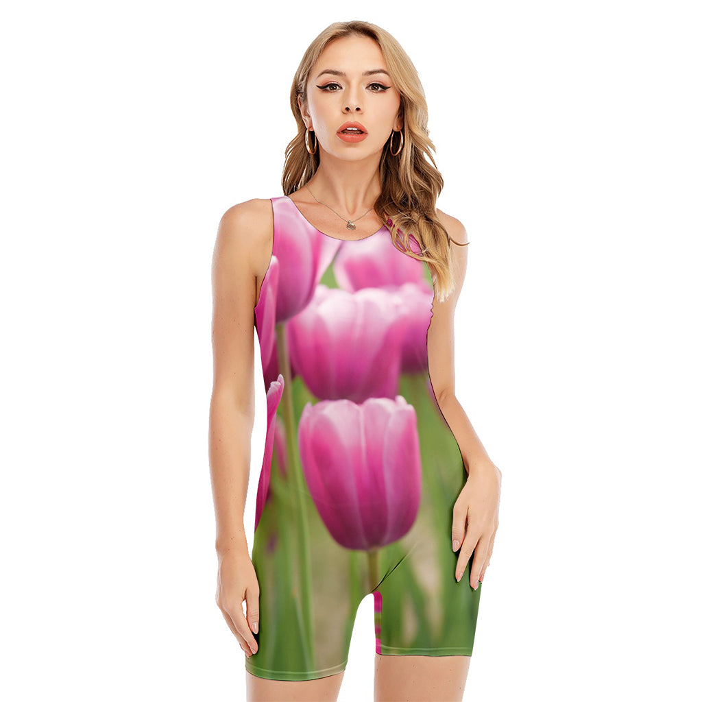 Pink Tulip Print Sleeveless One Piece Swimsuit
