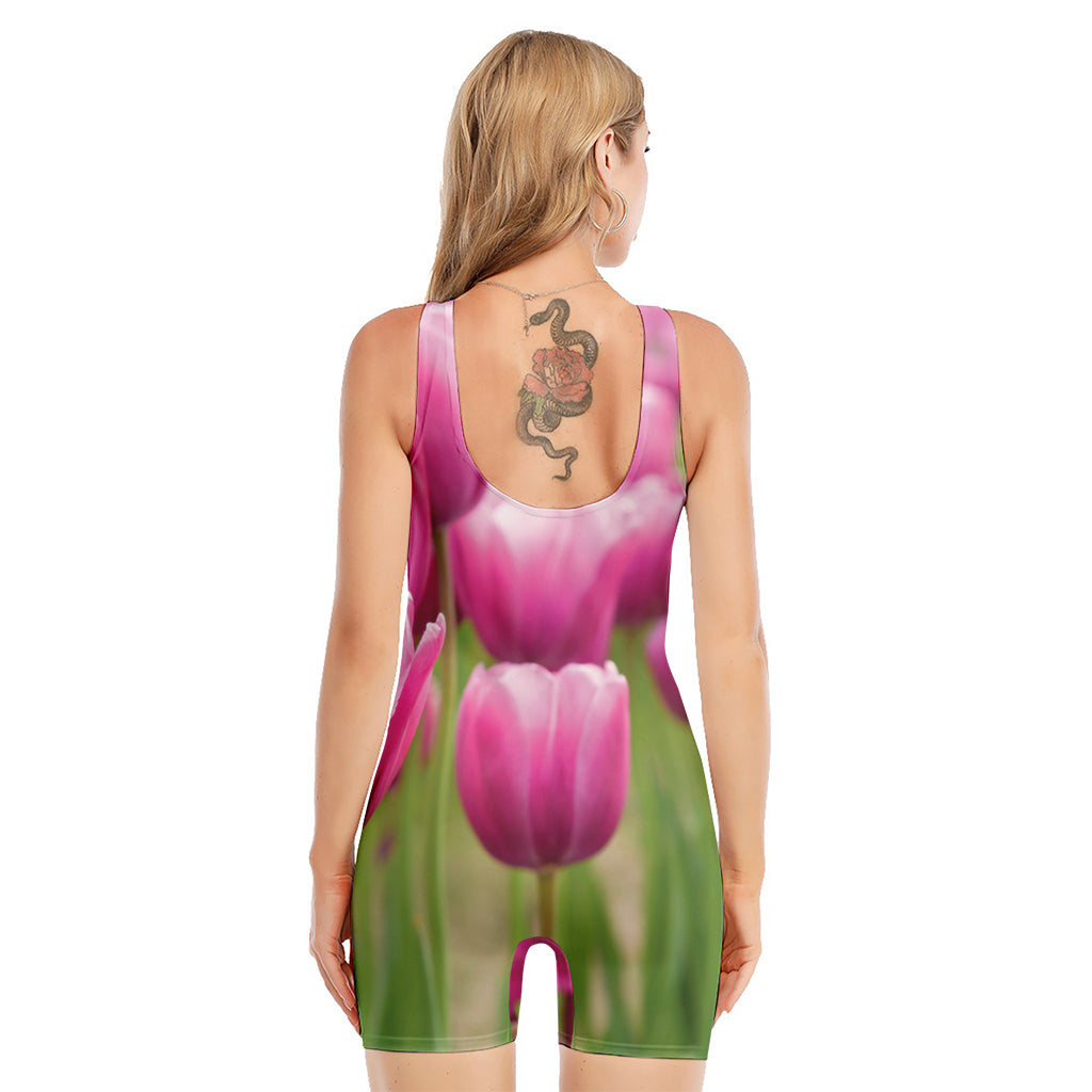 Pink Tulip Print Sleeveless One Piece Swimsuit