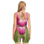 Pink Tulip Print Sleeveless One Piece Swimsuit