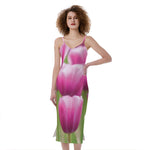 Pink Tulip Print Slim Fit Midi Cami Dress