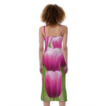 Pink Tulip Print Slim Fit Midi Cami Dress