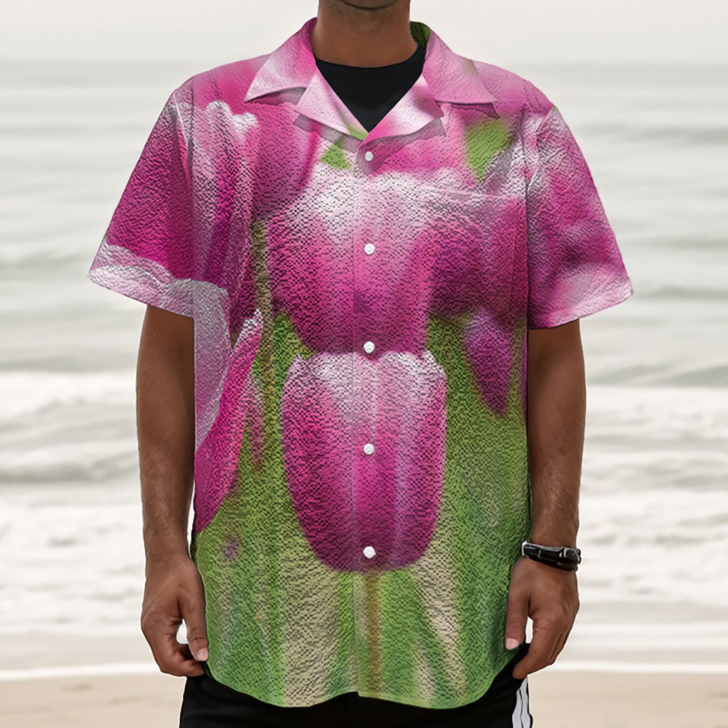 Pink Tulip Print Textured Short Sleeve Shirt