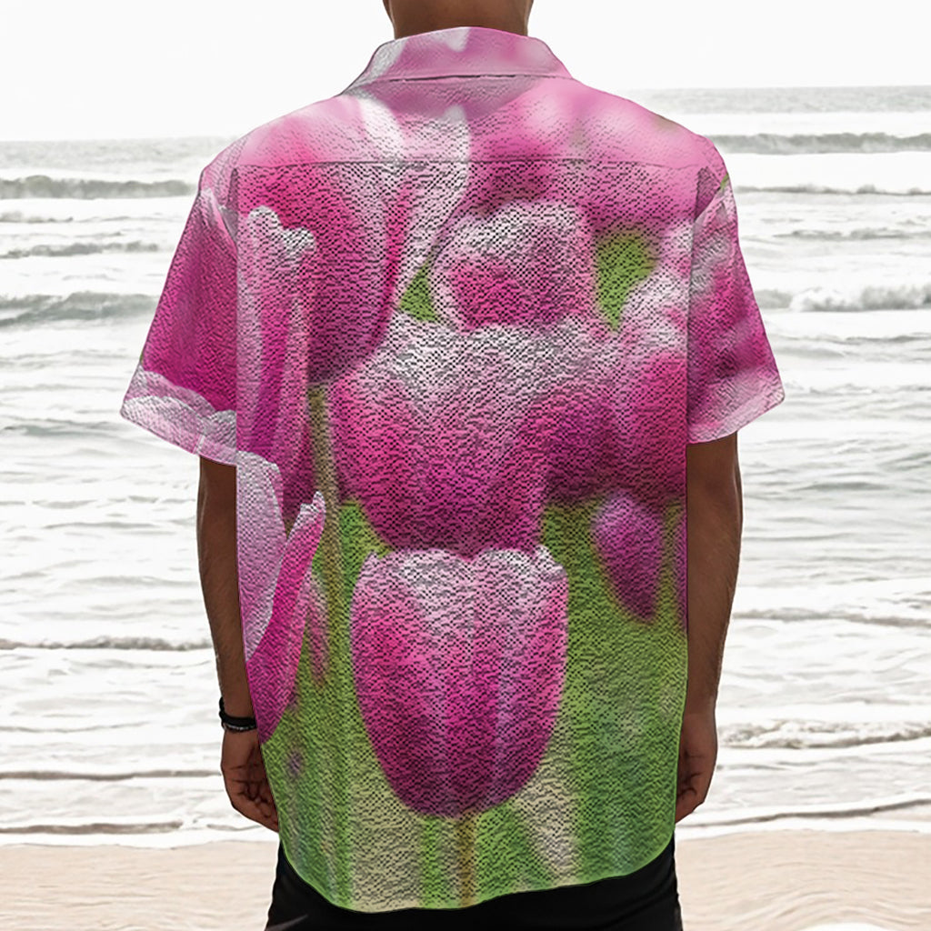 Pink Tulip Print Textured Short Sleeve Shirt