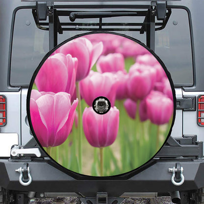 Pink Tulip Print Tire Cover With Camera Hole