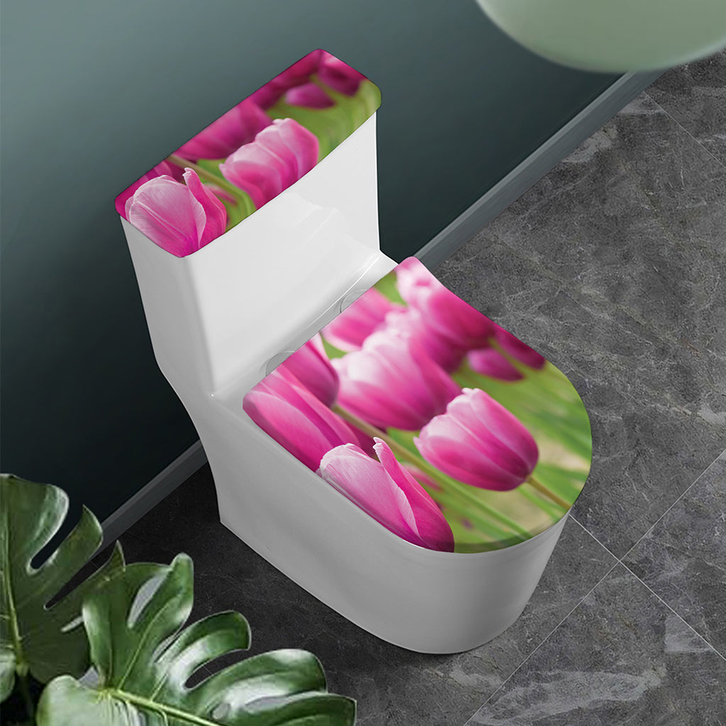 Pink Tulip Print Toilet Lid And Tank Cover Set