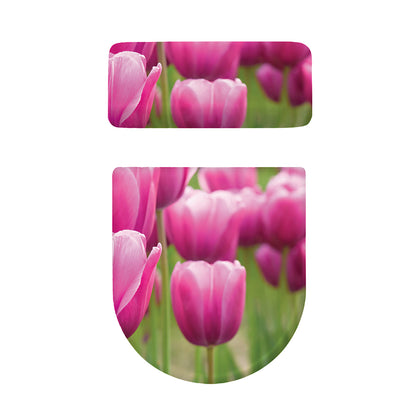 Pink Tulip Print Toilet Lid And Tank Cover Set