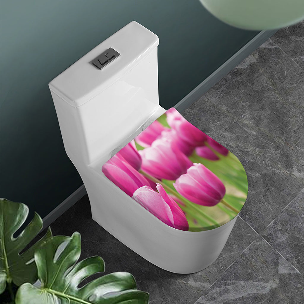 Pink Tulip Print Toilet Lid Cover