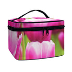 Pink Tulip Print Travel Makeup Bag