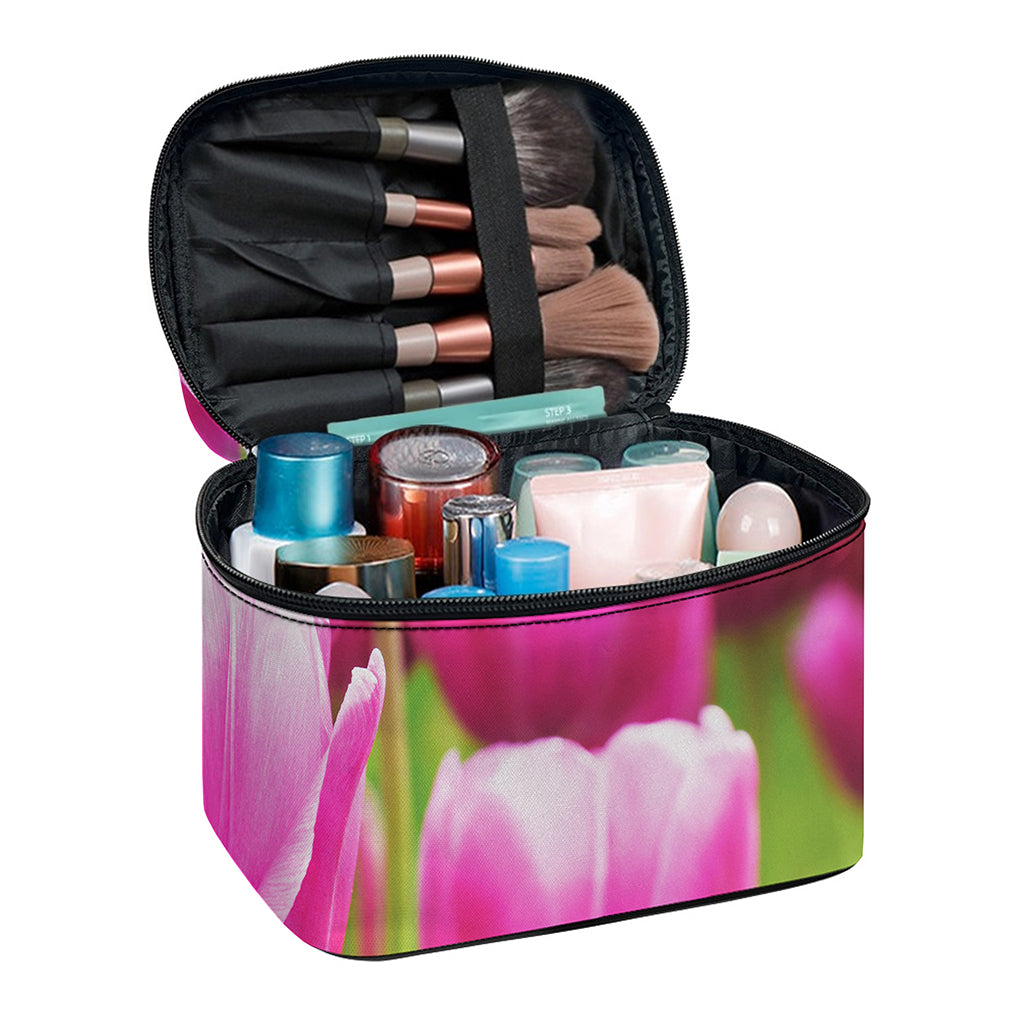 Pink Tulip Print Travel Makeup Bag