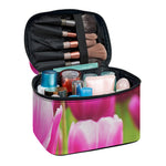 Pink Tulip Print Travel Makeup Bag