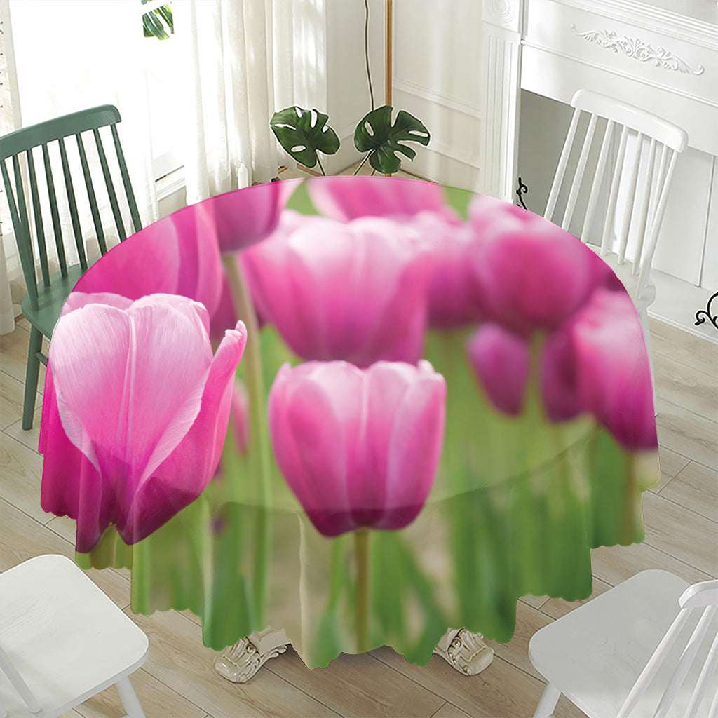 Pink Tulip Print Waterproof Round Tablecloth