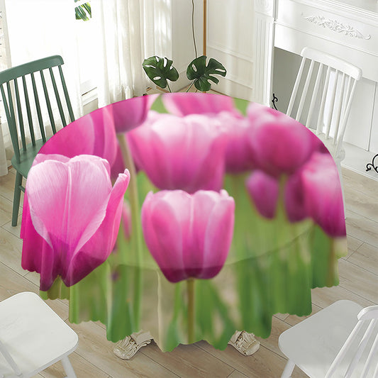 Pink Tulip Print Waterproof Round Tablecloth