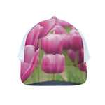 Pink Tulip Print White Mesh Trucker Cap
