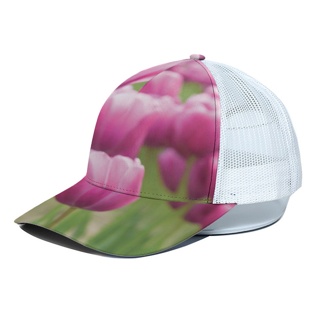 Pink Tulip Print White Mesh Trucker Cap
