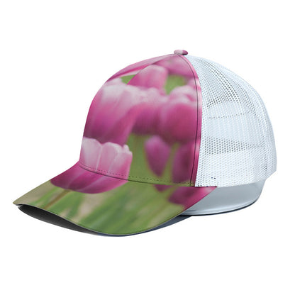 Pink Tulip Print White Mesh Trucker Cap