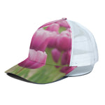 Pink Tulip Print White Mesh Trucker Cap
