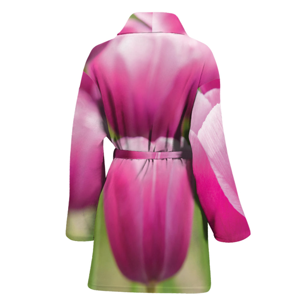 Pink Tulip Print Women's Bathrobe