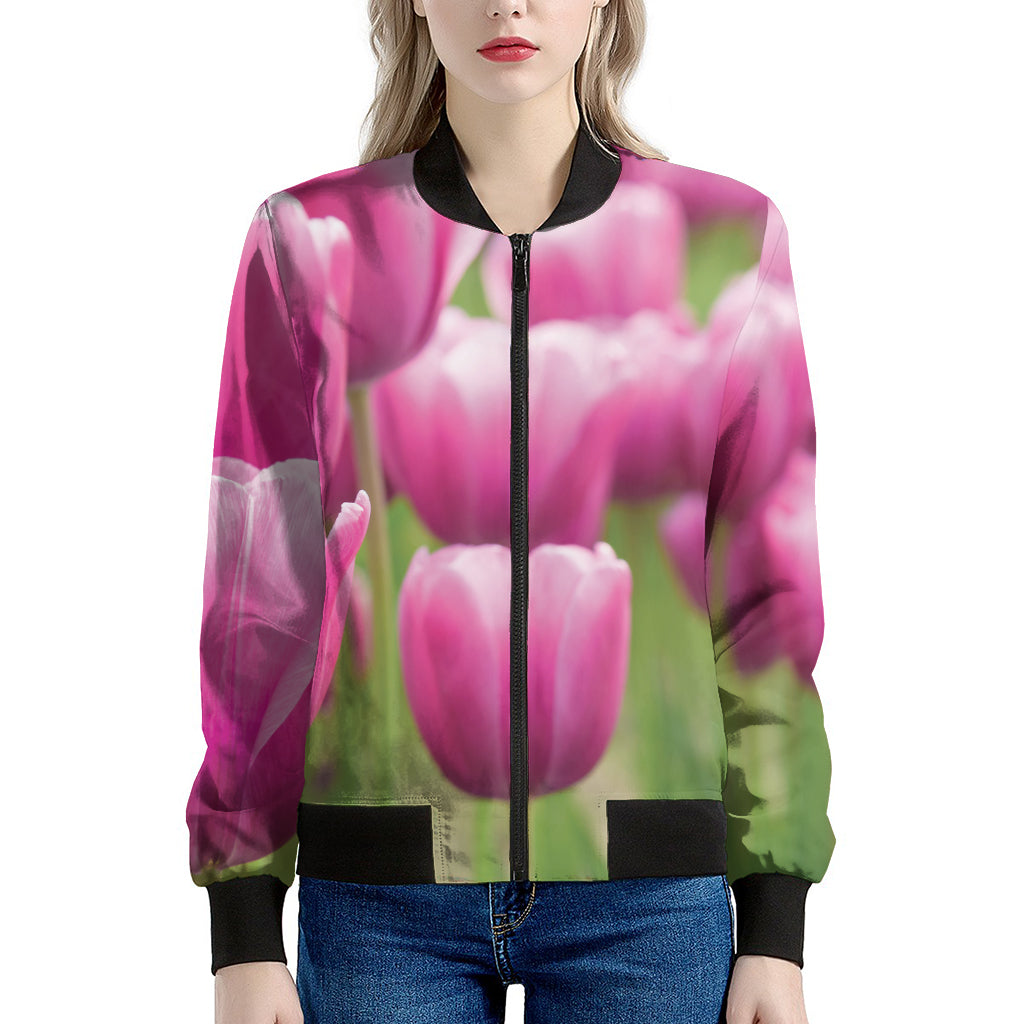 Pink Tulip Print Women's Bomber Jacket