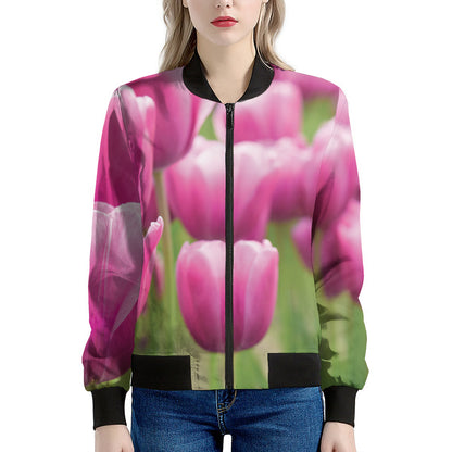 Pink Tulip Print Women's Bomber Jacket