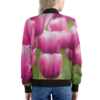 Pink Tulip Print Women's Bomber Jacket
