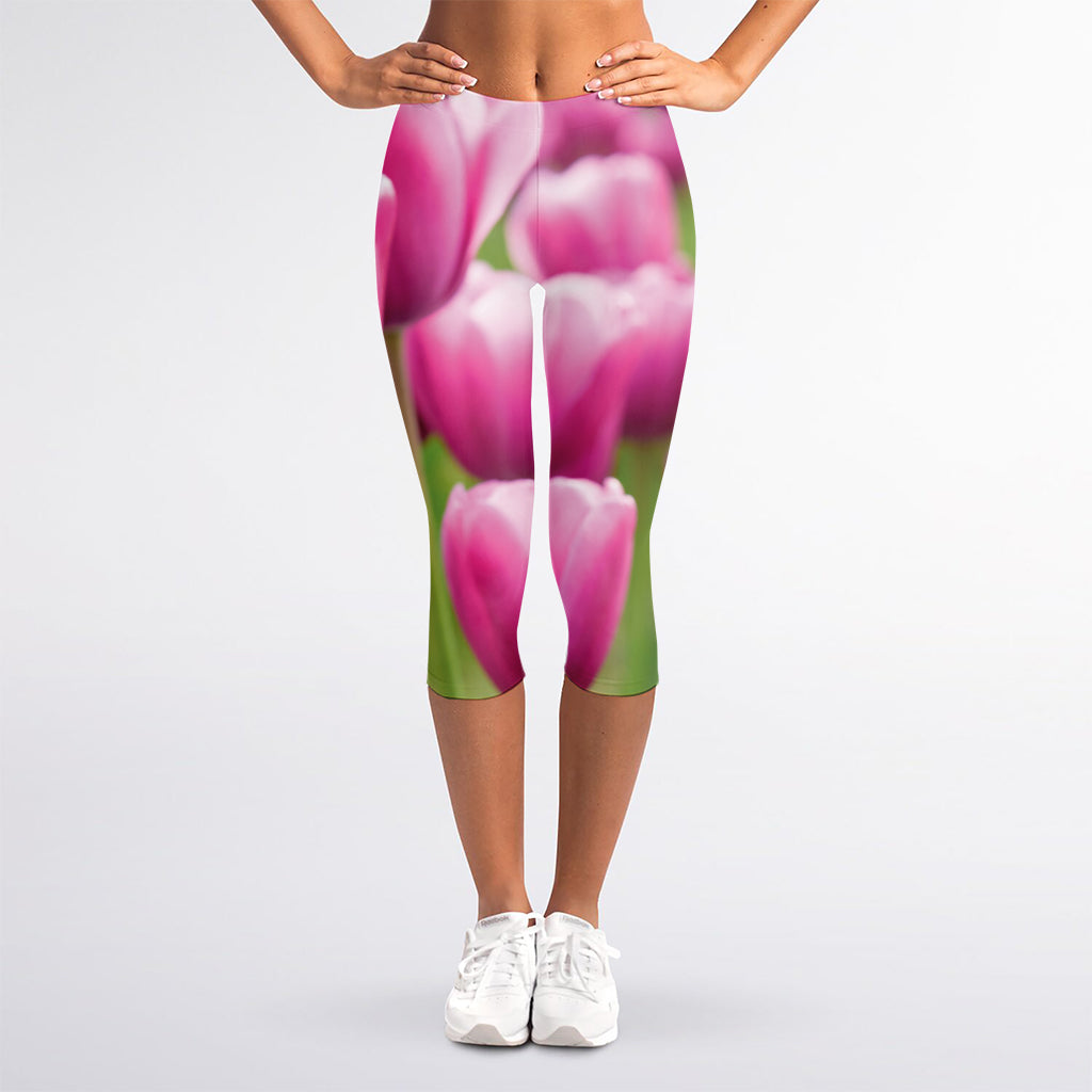 Pink Tulip Print Women's Capri Leggings