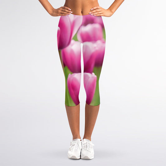 Pink Tulip Print Women's Capri Leggings