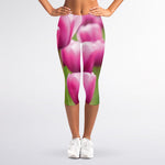 Pink Tulip Print Women's Capri Leggings