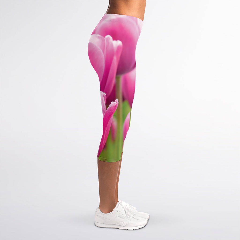 Pink Tulip Print Women's Capri Leggings