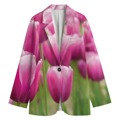 Pink Tulip Print Women's Cotton Blazer