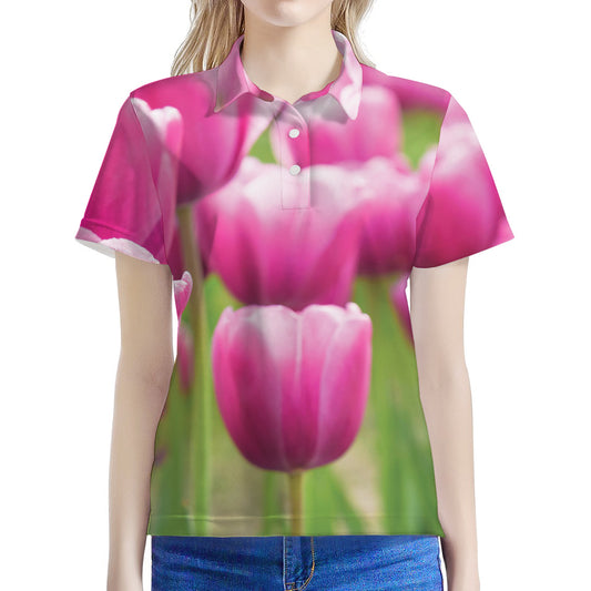 Pink Tulip Print Women's Polo Shirt