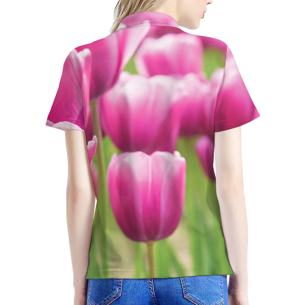 Pink Tulip Print Women's Polo Shirt
