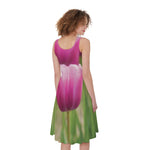 Pink Tulip Print Women's Sleeveless Dress
