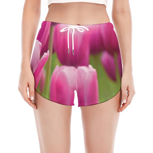 Pink Tulip Print Women's Split Running Shorts