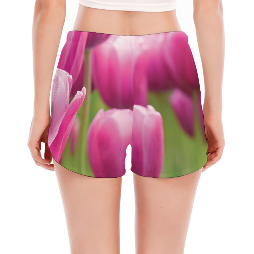 Pink Tulip Print Women's Split Running Shorts