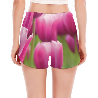 Pink Tulip Print Women's Split Running Shorts