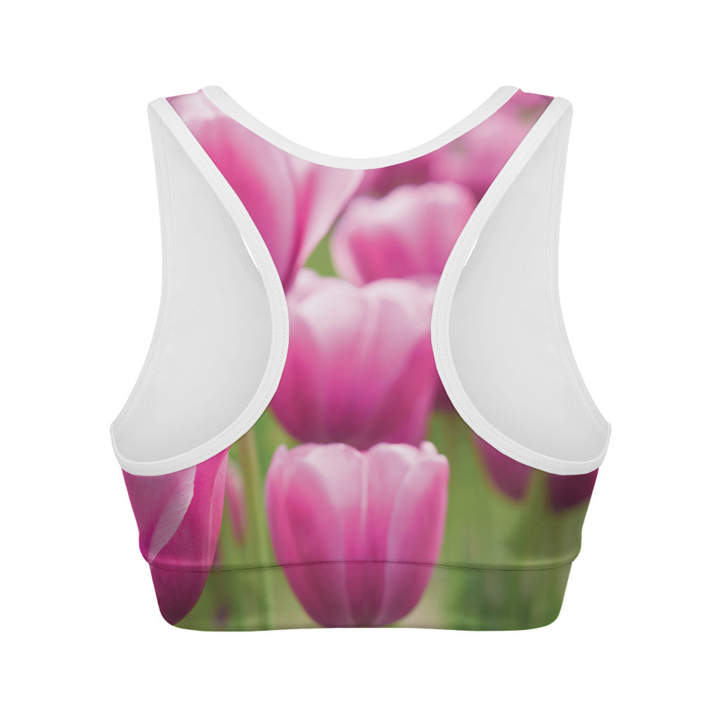 Pink Tulip Print Women's Sports Bra
