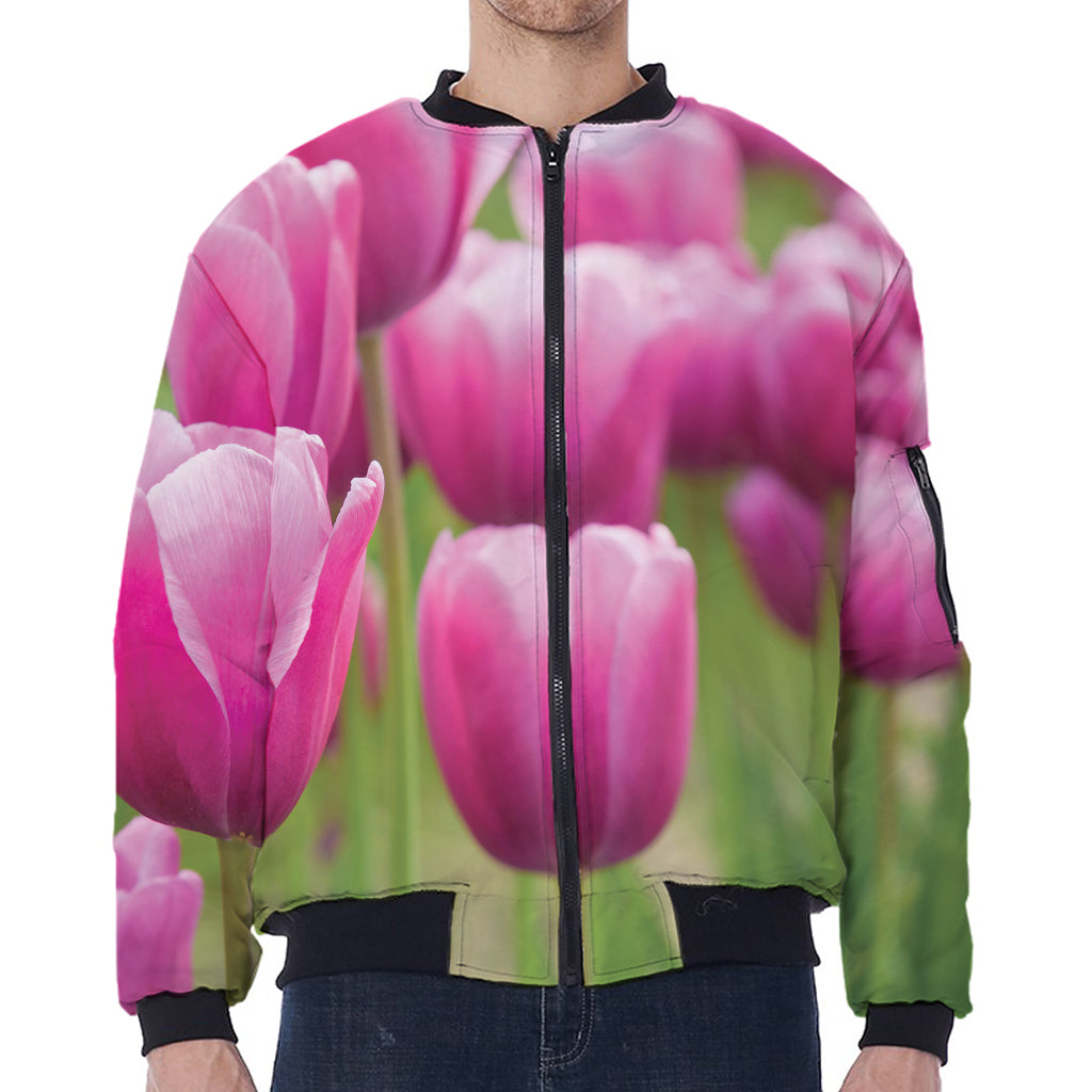 Pink Tulip Print Zip Sleeve Bomber Jacket