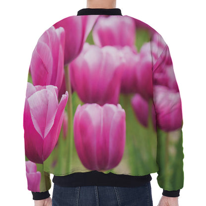 Pink Tulip Print Zip Sleeve Bomber Jacket