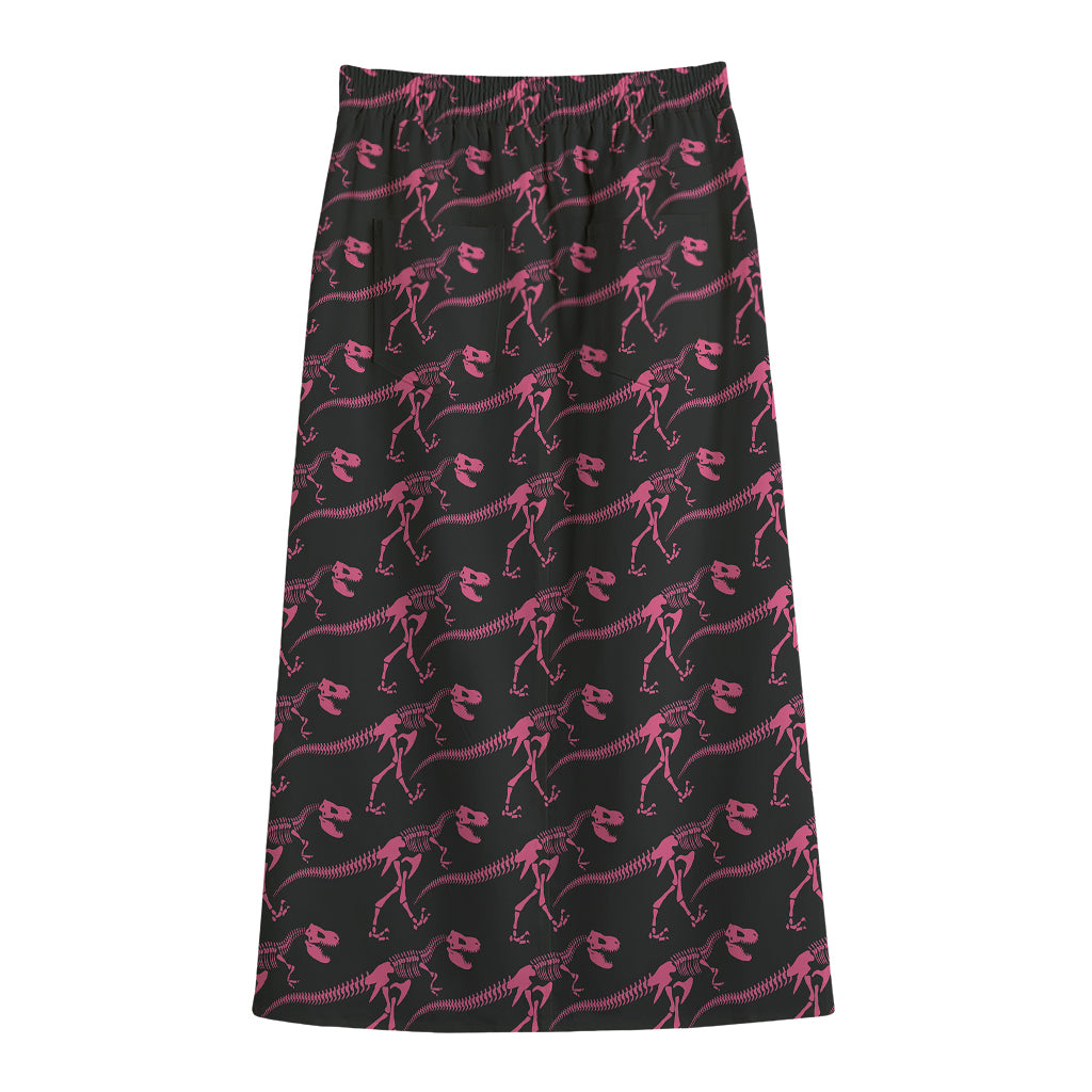 Pink Tyrannosaurus Fossil Pattern Print Cotton Front Slit Maxi Skirt