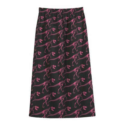 Pink Tyrannosaurus Fossil Pattern Print Cotton Front Slit Maxi Skirt