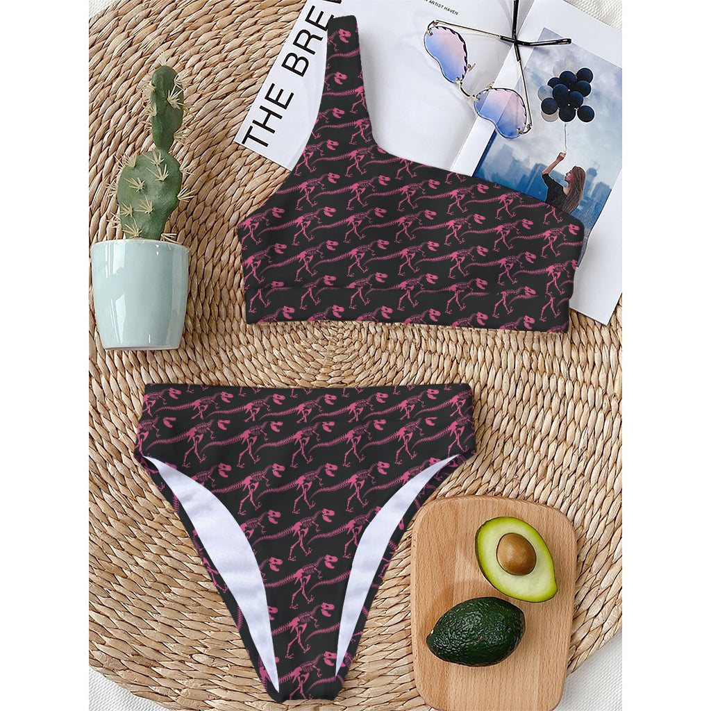 Pink Tyrannosaurus Fossil Pattern Print One Shoulder Bikini Top