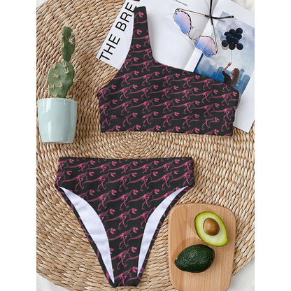Pink Tyrannosaurus Fossil Pattern Print One Shoulder Bikini Top