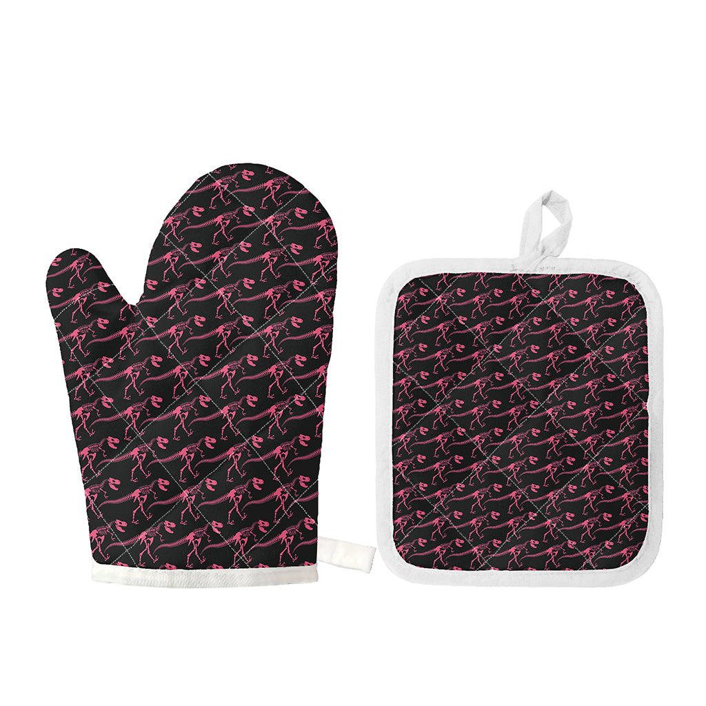 Pink Tyrannosaurus Fossil Pattern Print Oven Mitt And Pot Holder Set