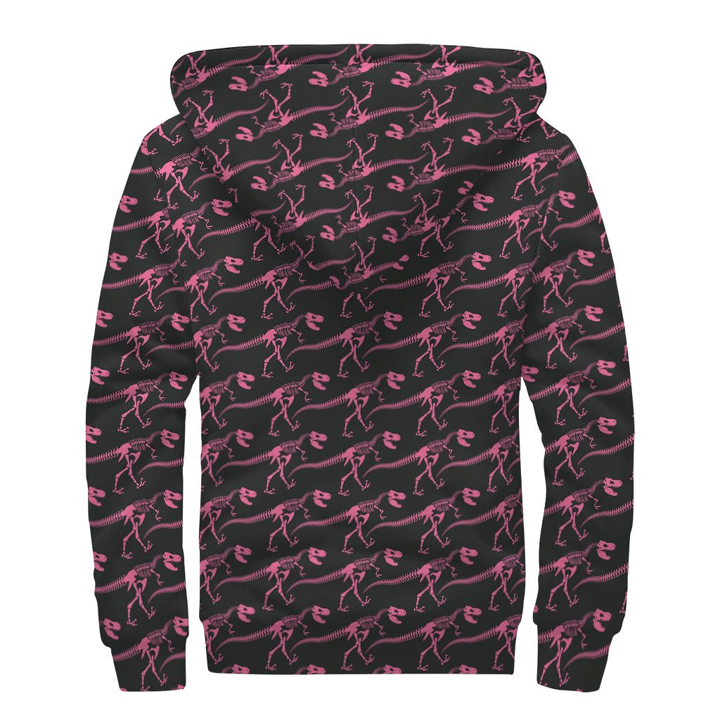 Pink Tyrannosaurus Fossil Pattern Print Sherpa Lined Zip Up Hoodie