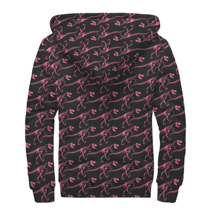 Pink Tyrannosaurus Fossil Pattern Print Sherpa Lined Zip Up Hoodie