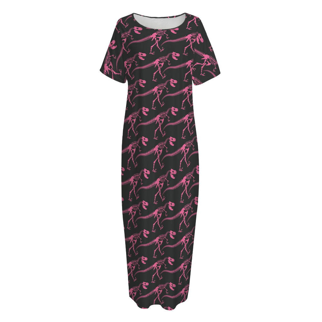 Pink Tyrannosaurus Fossil Pattern Print Short Sleeve Long Nightdress