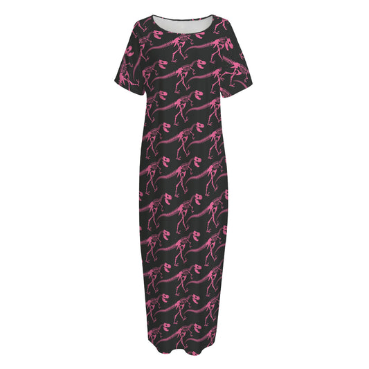 Pink Tyrannosaurus Fossil Pattern Print Short Sleeve Long Nightdress
