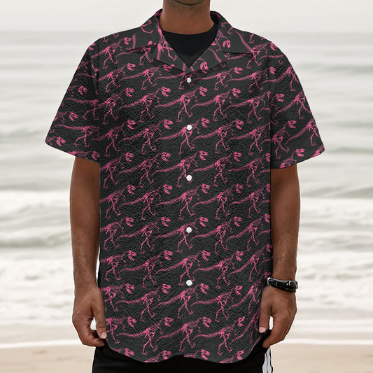Pink Tyrannosaurus Fossil Pattern Print Textured Short Sleeve Shirt